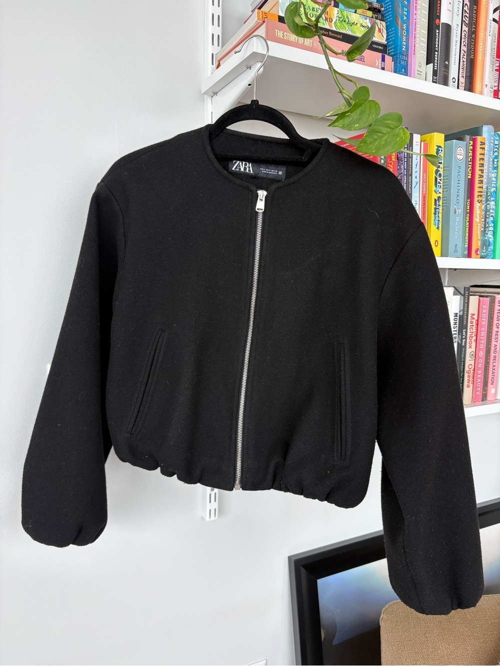 Zara Black Cropped Bomber Jacket with Zip